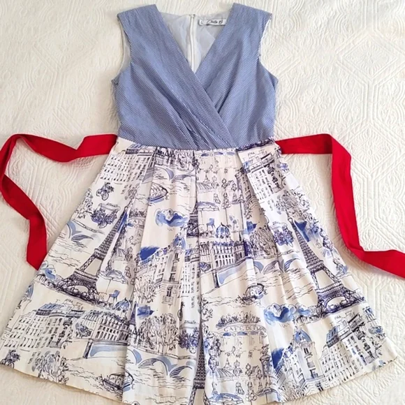 Chetta B Woman's Summer Paris Print Fit & Flare Dress/ Size 10 - Picture 3 of 14